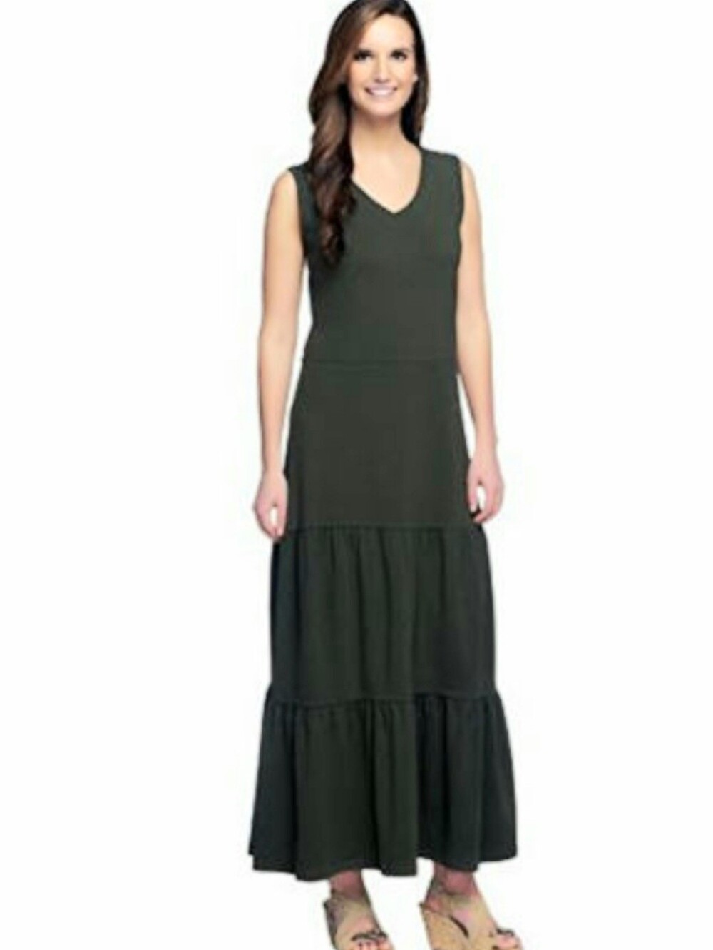 Denim & Co D&Co Sleeveless Tiered V-Neck Olive Maxi Dress